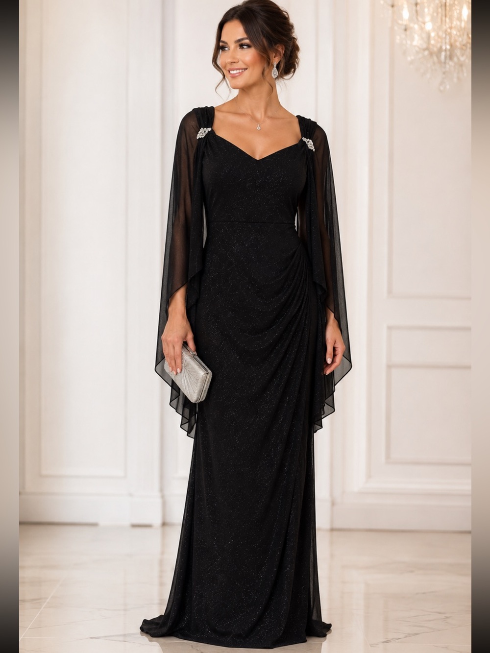 R&M Richards Black Glitter Evening Dress Size 14 Long Sleeve Formal Gown